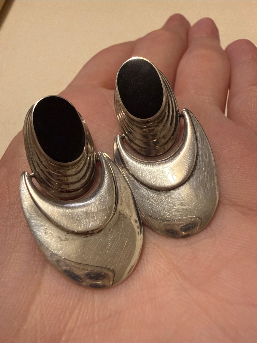 Vintage Sterling Silver 925  Black Onyx Oval Dangle Earrings